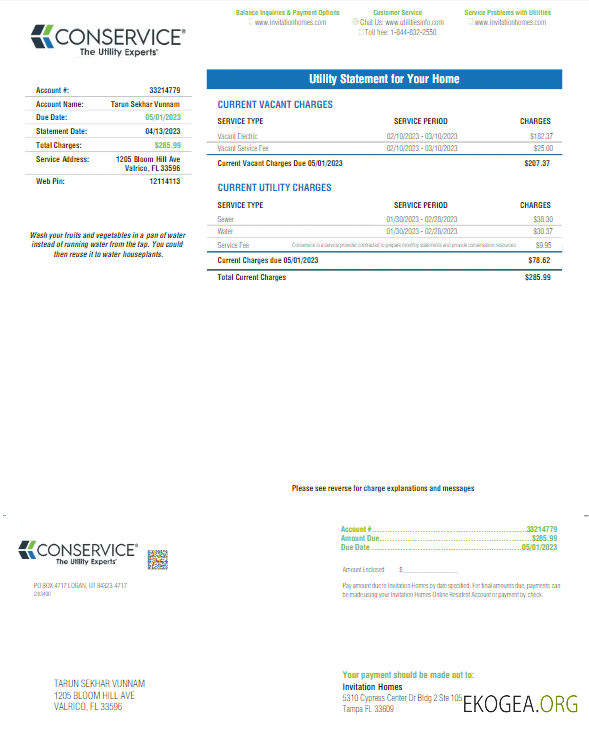 USA FLORID A CONSERVICE utility bill Word and PDF template
